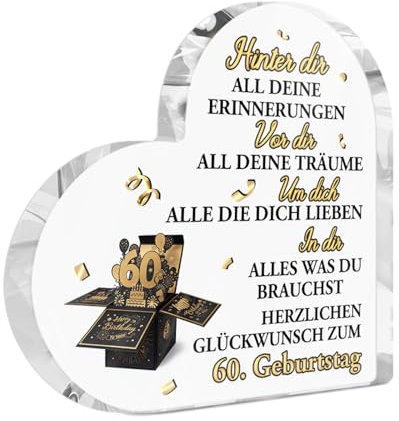 Putuo Decor 60. Geburtstag Acryl Herz Deko – Elegante Tischdekoration mit Spruch, Geschenk für Frauen & Männer