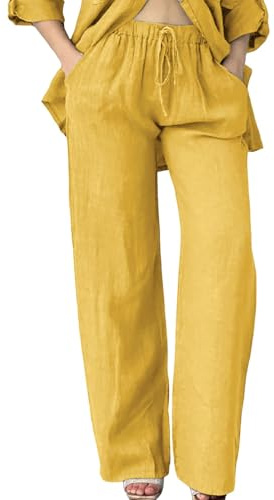 Cihdmfb Pantalones de muselina para mujer, de color sólido, de lino, tallas grandes, sueltos, ligeros, rectos, para la playa, de verano, cintura elástica, con bolsillos