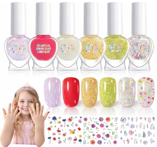 LAKPYN Nagellack-Set für Kinder, 6 brillante Farben mit Glitzer & 3 Bögen Nageltattoos, ungiftiger Nagellack auf Wasserbasis, geruchlos & abziehbar (Peel-Off) für kleine Prinzessinnen