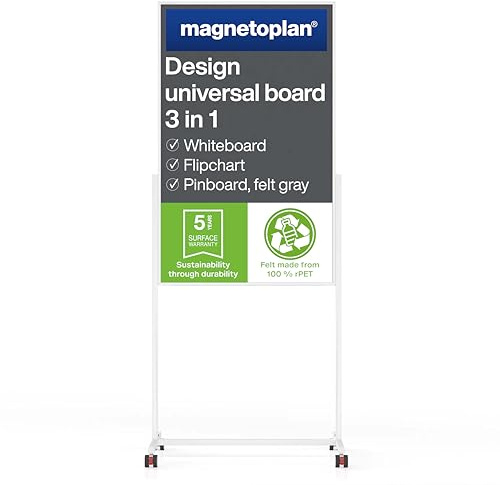 magnetoplan Design-Universalboard, 3in1, Filz grau | Whiteboard + Pinnboard | mobile Moderationswand, Flipchart + Whiteboard | BxH 750x1200mm | Für Agiles Arbeiten | Aluminium Standfüße + Rollen