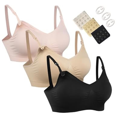 HOFISH – Lot de 3 Soutiens-Gorge d'allaitement sans Couture S-XXL avec rallonges de Soutien-Gorge et Clips supplémentaires, Lot de 03 pièces, Rose, Noir, Beige, Small