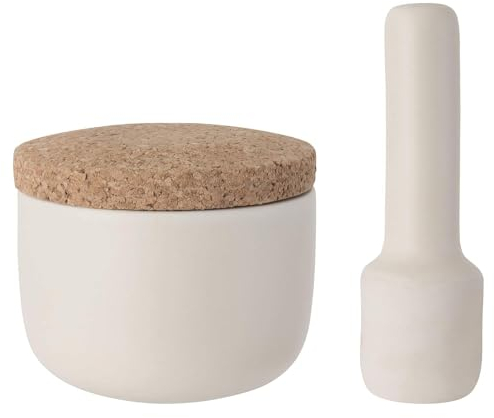 Berghoff 3950032 Leo Mörser und Stößel aus Steinzeug mit Korkdeckel, 10 x 9 x 4 cm, weiß