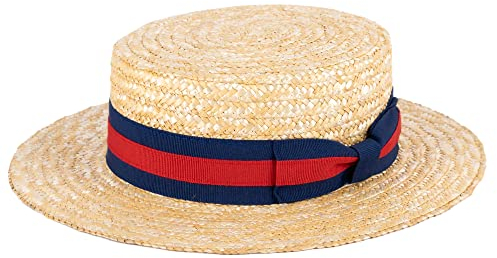 ZAKIRA Classic Straw Boater Hat Handmade from Natural Straw (Navy-Red-Navy Band, S)