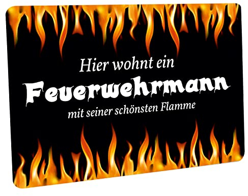 Crealuxe Fussmatte Hier wohnt EIN Feuerwehrmann mit Seiner schönsten Flamme - Fussmatte Bedruckt Türmatte Innenmatte Schmutzmatte lustige Motivfussmatte