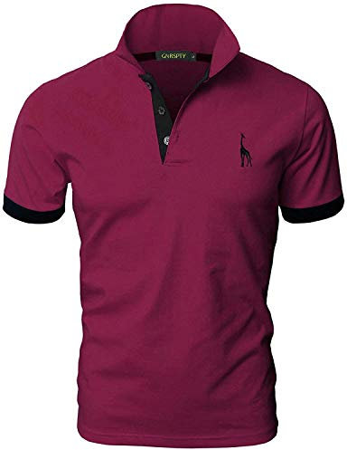 GNRSPTY Mens Short Sleeve Polo Shirts Classic Giraffe Embroidery Tennis T-Shirt,Wine red,L