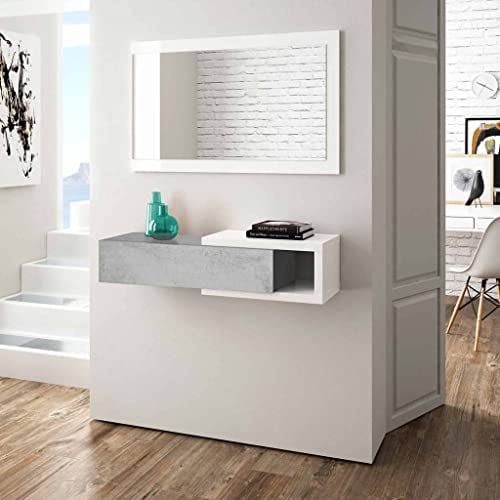 Habitdesign Recibidor con cajón y Espejo, Mueble de Entrada, Modelo Noon, Acabado en Blanco Artik y Gris Cemento, Medidas: 95 cm (Ancho) x 19 cm (Alto) x 26 cm (Fondo)