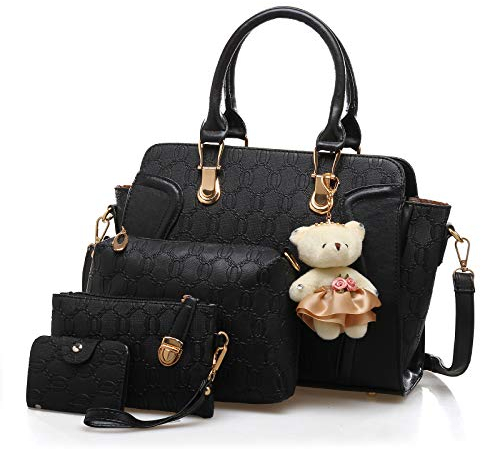 Pahajim Handtasche Damen Mittelgroß Elegant Taschen Set für Damen 4 Teile, Frauen Handtaschen Set mit Geldbörse Umhängetasche PU Leder Modern Handbags for Women (Schwarz)