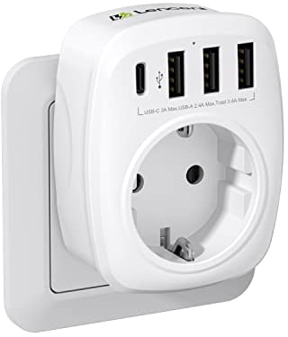 LENCENT USB Steckdose Mehrfachstecker EU Adapter 5-in-1 Steckdosenadapter mit 3 USB Ladegerät Anschlüße 2,4A, 1 Typ-C Port 3A, Wand Steckdose Schuko 4000W Stromadapter Stecker mit Kindersicherung Weiß