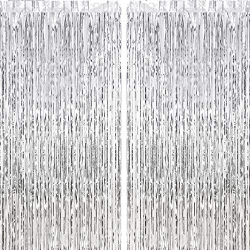 CHRORINE 2pcs 1m x 2.5m Silver Tinsel Foil Fringe Curtains Streamers Backdrop for Birthday Graduation Engagement Bridal Shower Bachelorette Baby Shower Holiday Party Decorations