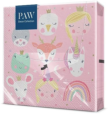 PAW - Servietten 3-lagig (33 x 33 cm) I 20 Stück I Perfekt für Kindergeburtstage, Partys, Kommunion und Feiern I Papierservietten Bunt mit Party Motiv I Tiere, Prinzessin, Rosa - Magical Friends