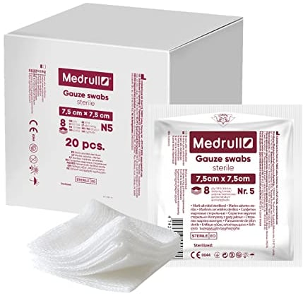 Medrull - Sterile Gauze Swabs, Pack of 100 (20 x 5 Pieces) 8-Ply, 7.5 cm x 7.5 cm, Absorbent Dressings, Bandage Material, Gauze Bandages, Wound Dressings
