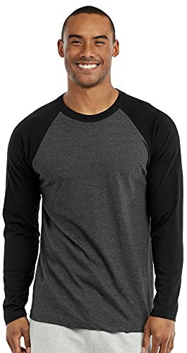 TOP PRO Men's Full Length Sleeve Raglan Cotton Baseball Tee Shirt, Black/Charcoal, Large