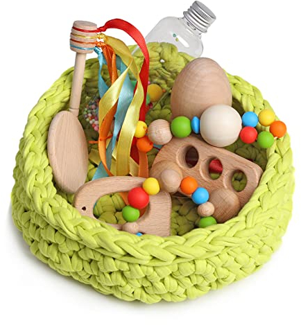 Cesto tesoros bebé. Cesto sensorial bebé. Juego estimulación sensorial Montessori para bebés entre 4 y 18 meses. ¡Más que un juego para el aprendizaje de tu bebé! COLOR PISTACHO