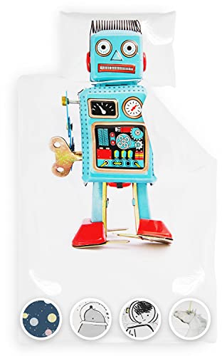 sleepwise Kinderbettwäsche 135x200 | ÖKO-Tex Zertifiziert 2tlg. Bettwäsche Kinder mit Kissenbezug 80x80 cm | Extraweiche Mikrofaser Kinder Bettwäsche Set mit Reißverschluss | Robot