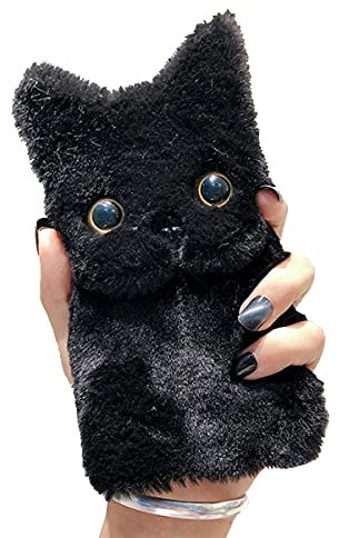 FAOONNMY Compatible with iPhone 14 Fuzzy Plush Case, 3D Cute Cat Fluffy Furry Warm Protective Cover Camera Protective Case, Winter Fluffy Fur Plush Case Phone Shell for BlackA iPhone 14