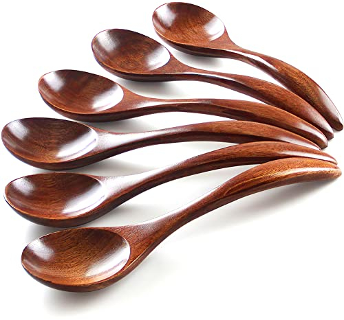 Holzlöffel, 6 Stück, 17,8 cm Holz-Suppenlöffel, Ramenlöffel, japanischer Stil, Küchenutensilien, rundes Nanmu-Holz, langer Griff, Kinderreis, Dessert, Kochen, Verkostung, Abendessen
