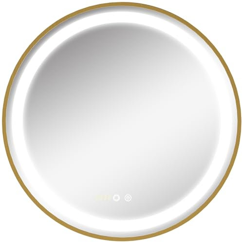 kleankin Round Bathroom LED Mirror, Dimmable Lighted Wall-Mounted Mirror with 3 Temperature Colours, Time Display, Memory Function, Hardwired, Gold