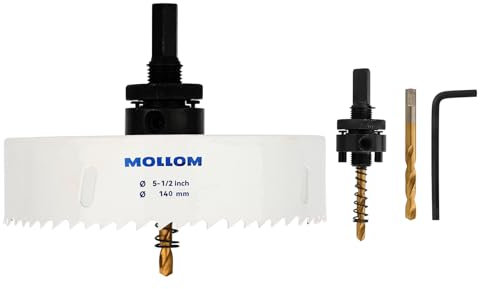 MOLLOM (140mm | 5-1/2) Scie-cloche bimétal HSS M42 avec 8% de cobalt avec 2 forets pilotes et mandrin, coupe lisse pour PVC, plaque de plâtre, bois, plastique, plaque de plâtre, caoutchouc