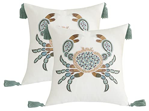 Tosleo 2 Stück Boho Kissenbezug mit Quasten 45x45CM Tropische Krabbe Deko Bestickt Wurfkissenbezüge Baumwolle Leinen Kissenhülle Sofa Kissenbezug Outdoor Garten Schlafzimmer