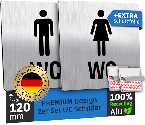 SCHILDERBOXX® WC Schild Selbstklebend - 2er Set Toilettenschild Damen und Herren [12x12cm, 100% Alu, 3M Tape] – Türschild Toilette Aufkleber Tür, Gäste WC-Schilder, Toilettenschilder