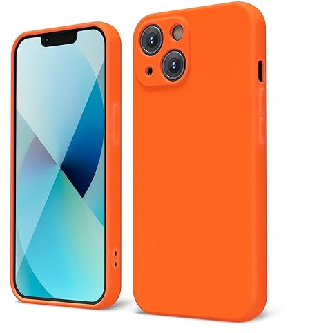 Oakxco for iPhone 13 Mini Phone Case Liquid Silicone, Fluorescent Bright Solid Color, Cute Thin Slim Soft Rubber TPU Plain Smooth Gel Matte Protective Cover for Women Girl Aesthetic, Burnt Neon Orange