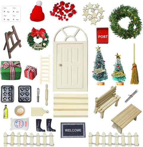 AIVORO Wichteltür Set inkl. Backset, Zauberhafte Wichteltür Komplettset, Miniatur Wichtel Zubehör Weihnachten mit Baustelle (wichtel tür)