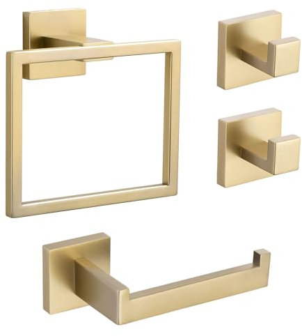 TURS Brushed Gold Bathroom Accessories Hardware Set,4 Pieces Towel Ring Contemporary Style Stainless Steel 304 Towel Rail+Toilet Roll Paper Holder+Hook*2, Wall Mounted (Brushed Gold)