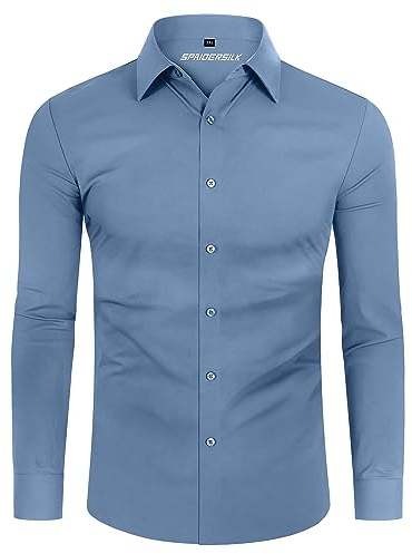 DEMEANOR 4-Way Stretch Mens Shirts Long Sleeve Muscle Fit Formal Dress Shirts for Men Non Iron Casual Shirts Business Wedding Work