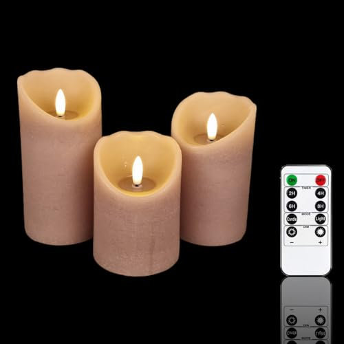 Meisterhome® 3er-Set Flammenlose LED Kerzen - Matera-Beige - Rustik Design Stumpenkerze - mit Fernbedienung – mit Timer - Batteriebetrieben – Warmweiß - 10/12,5/15 cm hoch - mit flackernder Flamme