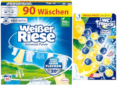Weißer Riese Universal Pulver (50 Waschladungen), Vollwaschmittel wirkt riesig stark gegen Flecken, Kalt-Aktiv schon ab 20° C + WC Frisch Kraft Aktiv Duftspüler Lemon (1x200g)