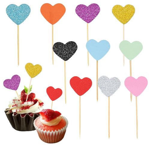Calkkrer 100 Stück Herz-Cupcake-Deko in mehrfarbigen Glitzer-Toppern, Hochzeitsherzen-Muffin-Topper für Geburtstagspartys und Ice-Cream-Party-Dekoration.