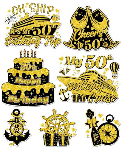 MENIFEND Cruise Door Decorations Magnetic - 7 Pcs 50th Birthday Cruise Door Magnets, Gold & Black Reusable Waterproof Magnet Stickers Decor for Ship Cabin Door Carnival Fridge Celebration Party