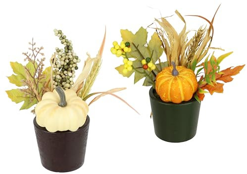 Lot de 2 fleurs artificielles de citrouille, baies, feuilles d'automne en pot, 18 cm, fleurs décoratives d'automne, décoration de table, décoration d'automne, décoration de table, plante artificielle