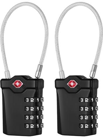 NAGE TSA Approved Luggage Locks with Open Alert Indicator, Suitcase Padlock with Flexible Cable, White Code 4 Digit Luggage Locks for Suitcases, Briefcase, Travel Lock, Tent Lock (2P, Black)