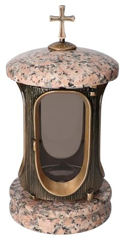 Stilvolle Grablaterne Granit Rosso Porino Höhe 23 cm/Ø 15 cm Stilvolle Granitlaterne Elegant Grablampe Grablicht Grableuchte Bronze mit sockel