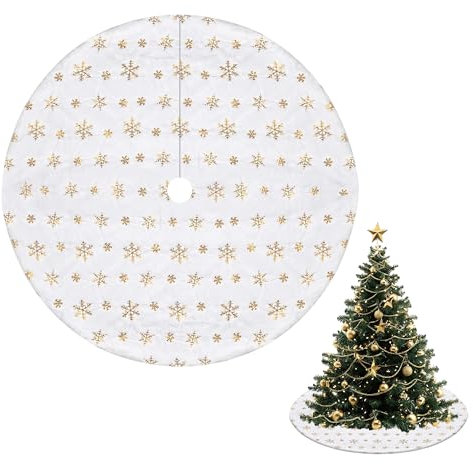 Trimming Shop Faldas de árbol de Navidad de terciopelo blanco de 1 metro con diseño de copo de nieve dorado, elegante base de falda de árbol de Navidad para decoraciones de fiesta de Año Nuevo