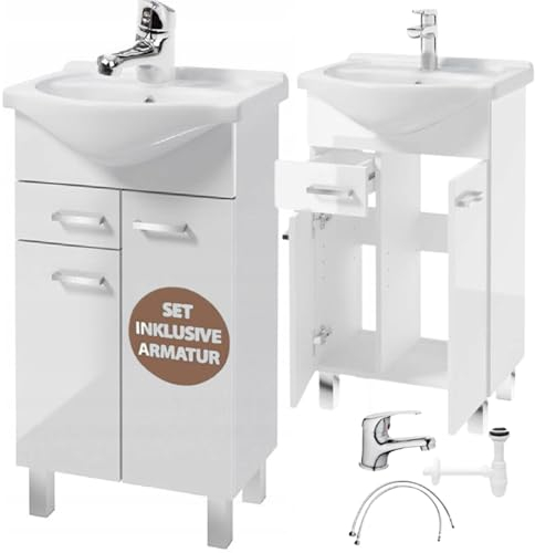 Deftrans Armoire de salle de bain avec lavabo 80 x 50 x 30 cm, à poser debout, avec tiroir et meuble bas, laqué, ensemble élégant avec lavabo en céramique
