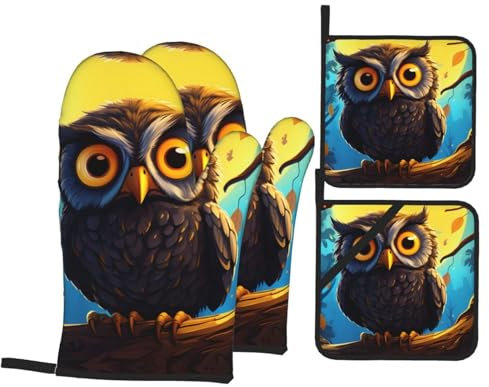 YYHHAOFA Set di quattro pezzi da cucina con gufo dagli occhi gialli, guanti da forno isolati e presine, spessi e resistenti
