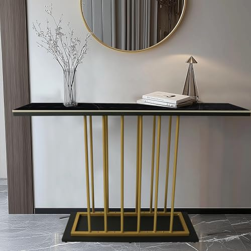 HYGRAD BUILT TO SURVIVE Large Rectangular Free Standing Sintered Stone With Metal Frame Console Sofa End Table Hallway Furniture Home 120cm Wide (Black/Gold)