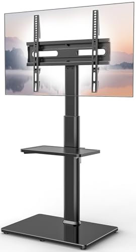 Supporto universale per TV da pavimento con supporto girevole a 70 gradi, altezza regolabile a 9 livelli e design salvaspazio per la maggior parte dei televisori LCD, LED OLED da 27 a 65 pollici