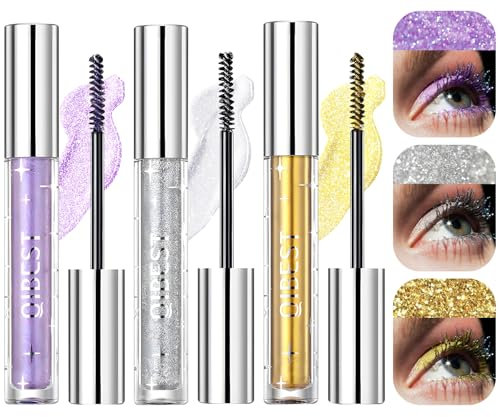 Glitzer Mascara, 3 Farben Glitter Mascara, Silber Gold Lila Voluminöse Glitzer Wimperntusche Wasserfest, Bunt Mascara Langlebig für Faschingsschminke karneval Party Hochzeit Make up