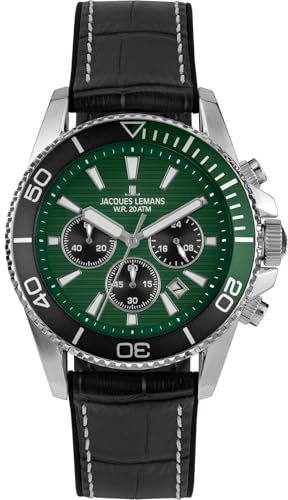 JACQUES LEMANS 1-2206C Herrenuhr Liverpool Diver Silikonband mit Leder Oberfläche Chronograph 20 ATM