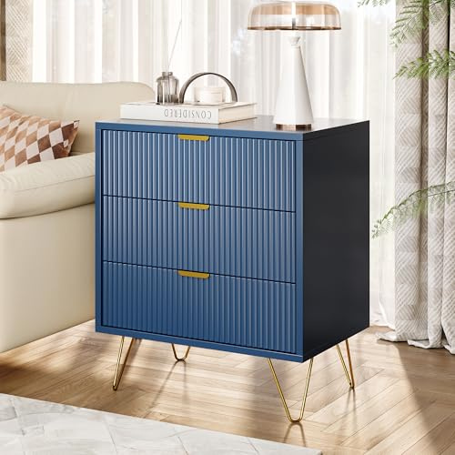 YGHQAP Nachttisch Blau, Nachtschrank Mit 3 Schubladen, Nachtkommode Mit Metallfüße, Sofatisch, Moderner Nachttisch Beistelltisch Für Boxspringbett Wohnzimmer Schlafzimmer, Blau Und Gold