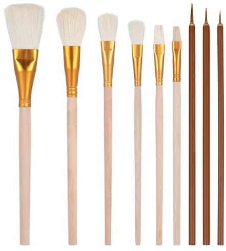 HJZHII 9 Pcs Pottery Glaze Brushes, Ceramic Brush Set Artist Paint Brush Sets Flat Round Pointed Blending Mop Brushes with Long Wooden Handle for Acrylic Watercolor Oil Painting Students