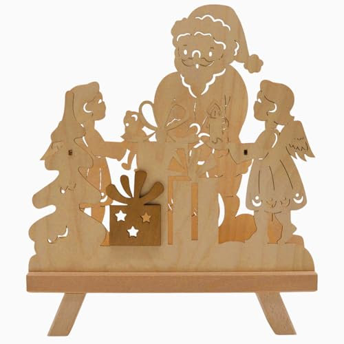 Erzwelt - Standleuchte 3D – Holz-Deko für Weihnachten – Fensterbeleuchtung – Original Erzgebirge Weihnachtsdeko – Fensterdekoration mit Motiv Weihnachtsmann mit Engel – 37 x 27 x 5 cm