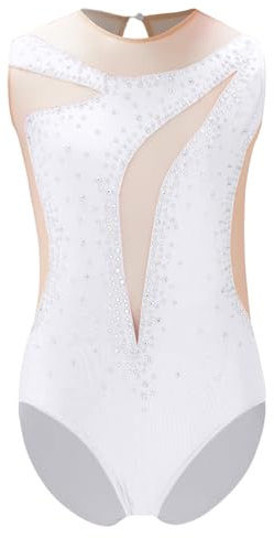 Sinleey Turnanzug Mädchen Glitzer Gymnastik Trikot Ärmellos Gymnastikanzug Leotard Ballet Strass Body Eiskunstlauf A Weiß 122-128