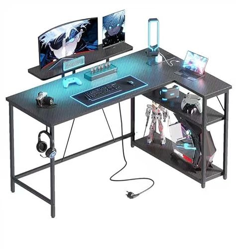Xyphren L Shaped Gaming Desk with RGB LED Lights & Power Outlets,Corner Computer Desk with Adjustable Shelves, Small Office Desk for Study Workstation, 140x80 cm, Carbon Black