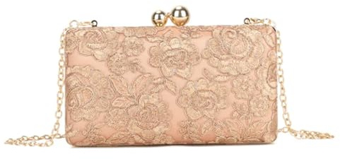 LeahWard Womens Elegant Floral Lace Evening Clutch Purse, Ball Clasp Wedding Party Bags (Rose Gold)
