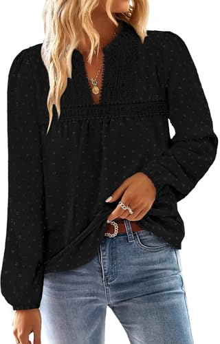 CHICZONE Womens Swiss Dot Blouses Tunic Tops Long Sleeve V Neck T-Shirt Flowy Ruffle Boho Clothing
