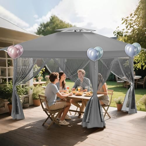 XMTECH Gartenpavillon 4x4m wasserdicht, Pop-Up Faltpavillon mit Doppeldach & 4 Moskitonetzen, UV-Schutz, windfest, höhenverstellbar 3-Stufen, robuster Rahmen & 210D Oxford-Gewebe, Silbergrau